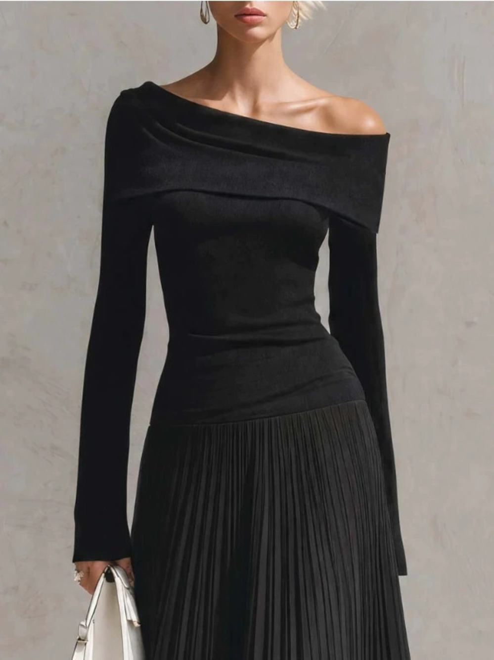 H&M   Elegant Black Off Shoulder Long Sleeve Low Waist Pleated Maxi Dress